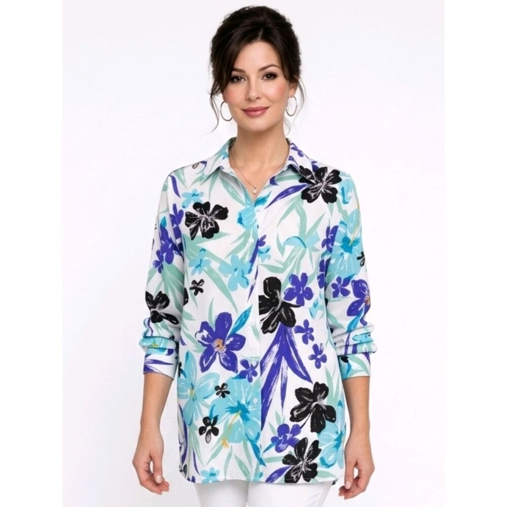 Avenue By Jessica London Floral Linen Button Down Long Sleeve Shirt Size 14/16